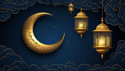 A crescent moon shines in the night sky with lovely lanterns