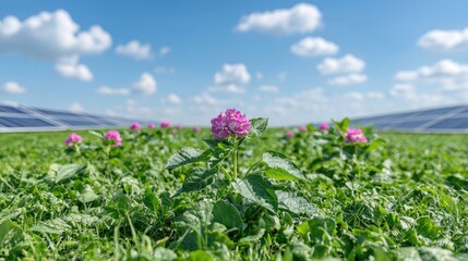 Pink flowers in a field with solar panels in the background. Outdoor shot. Possible use Nature photography
