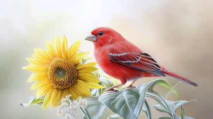 Bright red finch perched on sunflower with soft blurred background. Concept of vibrant nature, birdwatching, colorful wildlife, floral serenity. Copy space