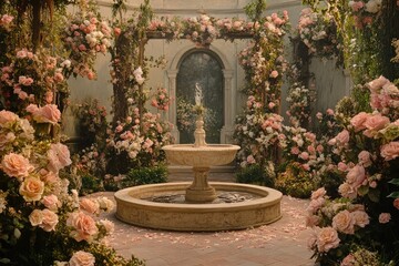 Fototapeta premium A Rococo Revival - inspired garden with a stone fountain, trellises, and lavish floral arrangements