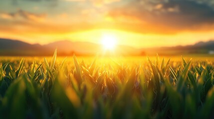 Fototapeta premium Green grass blades grow in a vast field under a bright golden sunrise.