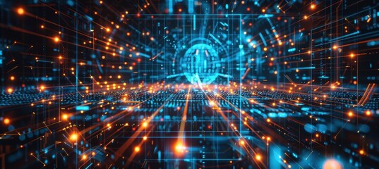 Futuristic Cybersecurity Visualization with Digital Firewalls and Glowing Encryption Keys Design