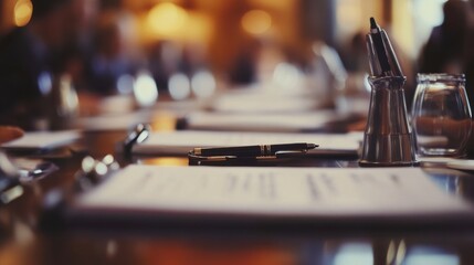 Business Meeting Table with Documents and Stationery on Surface