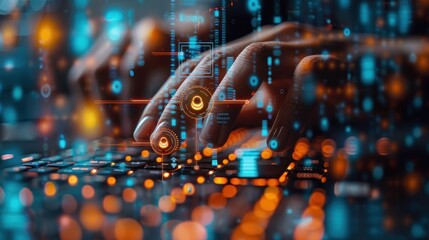 Hands typing on a laptop keyboard with digital interface overlay.