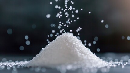 A closeup shot of a mound of fine white sugar showcasing its glistening crystals, ideal for various culinary themes