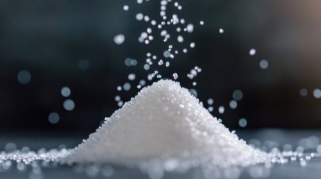A closeup shot of a mound of fine white sugar showcasing its glistening crystals, ideal for various culinary themes