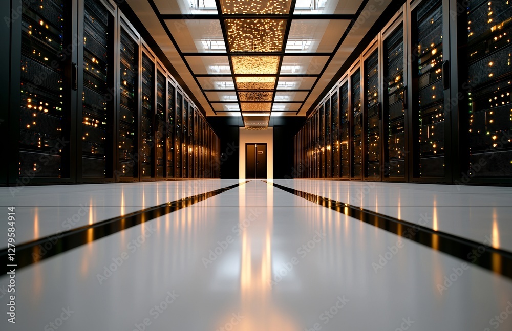 Poster an image from inside a computer data center with a blue color scheme