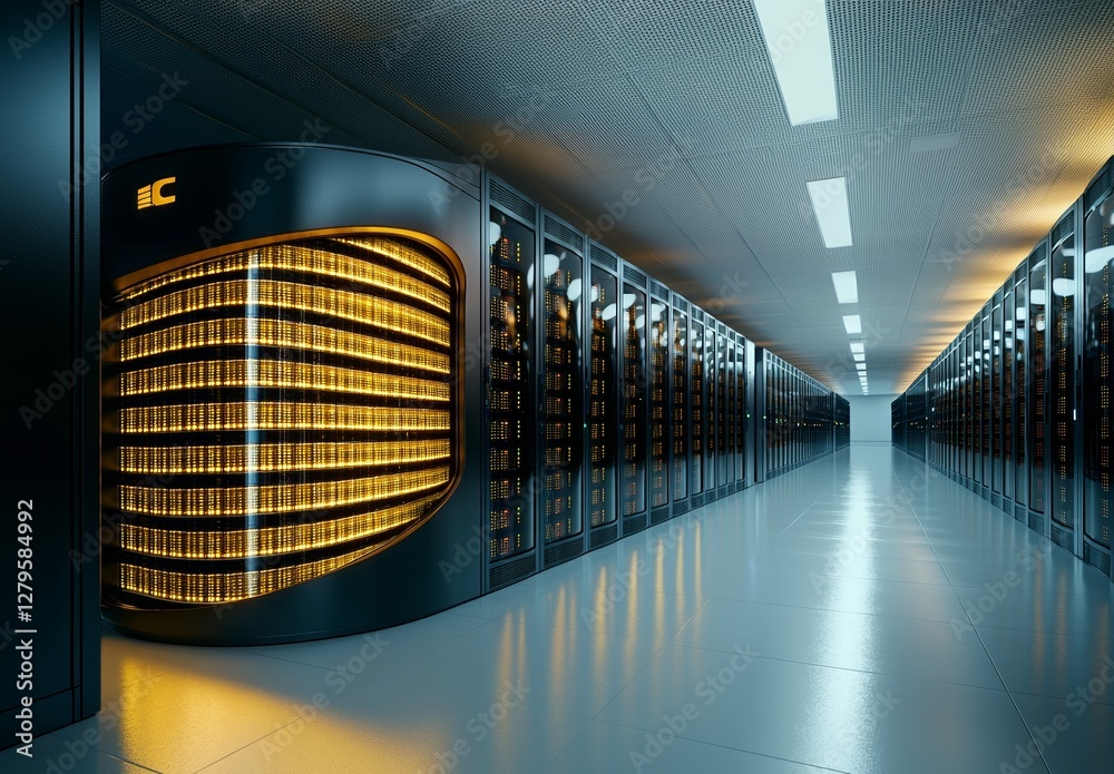 Poster room in the data center containing multiple rows of servers