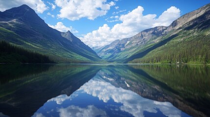 Fototapeta premium Mountain Lake Reflecting Clouds, Calm Water, Inspiring Scenery, Ideal for Backgrounds