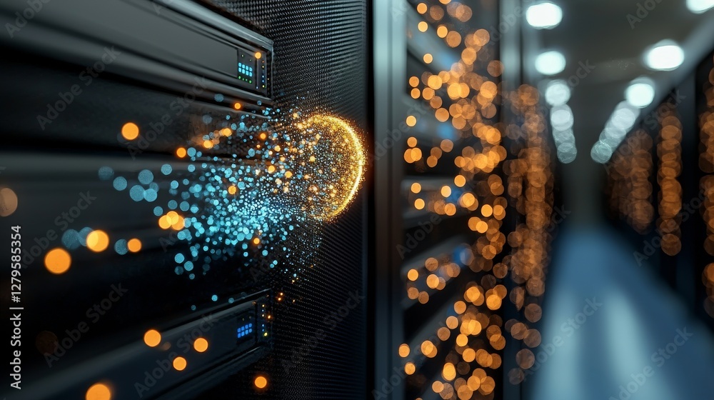 Aufkleber A server room or server computers equipped with a data hud, created using 3D rendering