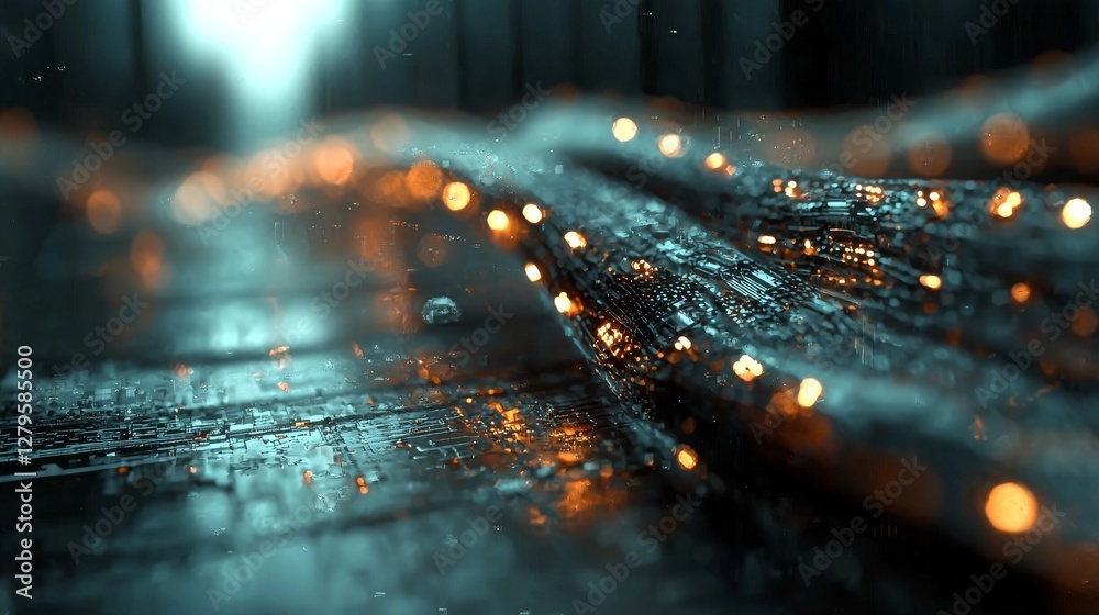 Poster visualization of a working data center features rack servers and supercomputers in a corridor with a