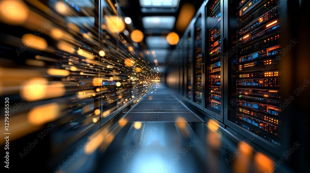 Poster a view of a corridor in a functioning data center filled with rack servers and supercomputers, compl