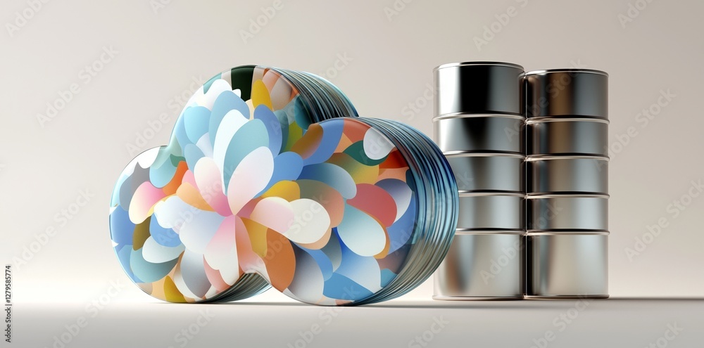 Aufkleber A 3D illustration of a database symbol and storage cloud is shown isolated on a white background