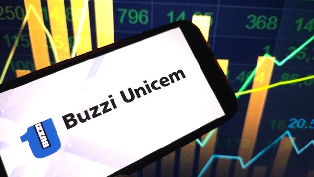 Konskie, Poland - February 20, 2025: Buzzi Unicem company logo displayed on mobile phone