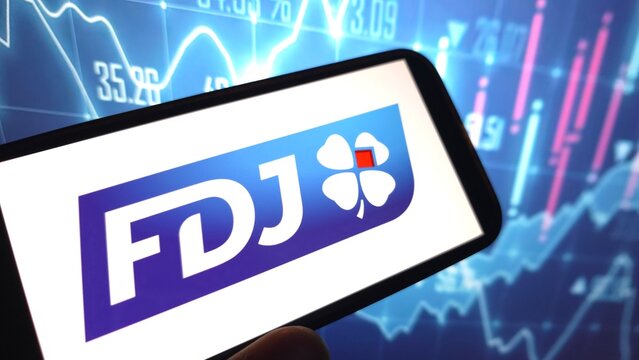Konskie, Poland - February 20, 2025: Francaise des Jeux company logo displayed on mobile phone