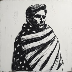 sketch of a man wrapped in an American flag