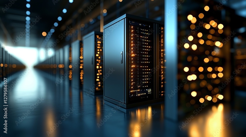 Poster a shot of a data center showcasing rows of server racks that are fully operational, highlighting mod