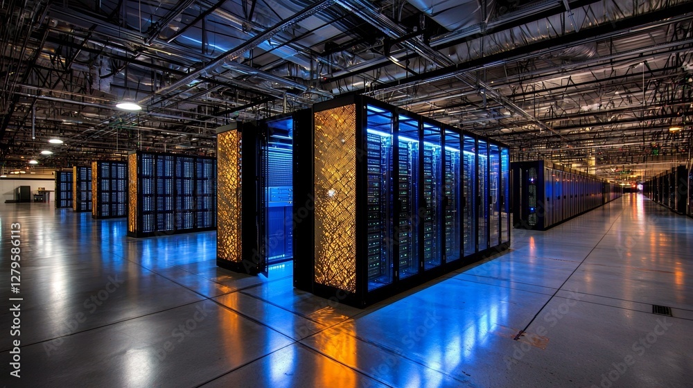 Poster the image depicts a contemporary data center featuring multiple rows of operational server racks, se