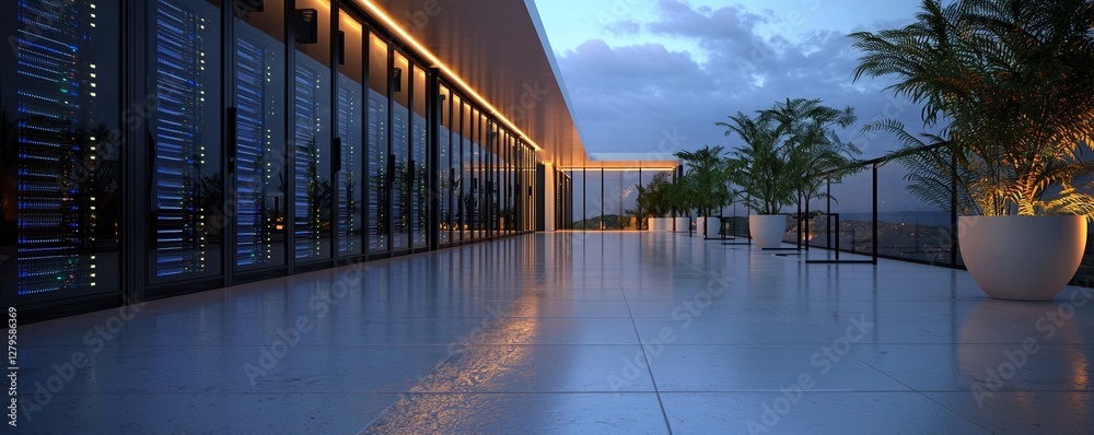 Poster a data server rack center is equipped with a backup cloud service and also offers 3d rendering