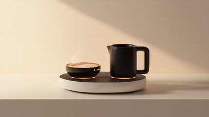 Ceramic Coffee Set: A minimalist, stylish coffee set comprising a small cup with steaming coffee and a creamer pitcher rests on a warming tray, evoking a sense of morning ritual and cozy comfort. 