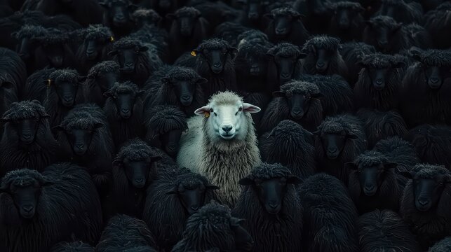A Lone Sheep Amongst Many: A single white sheep stands out amidst a multitude of black sheep, symbolizing individuality, nonconformity, and the courage to be different.