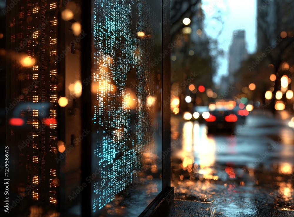 Poster modern building background with light trails and moving data center servers, illustrating the concep