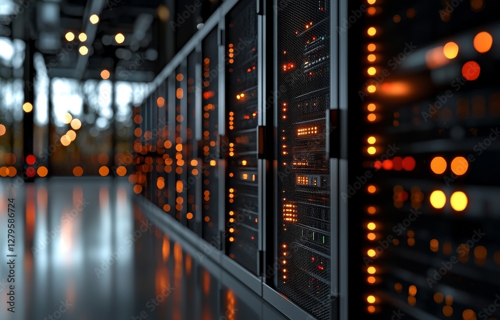 Aufkleber data center room storage systems and server connection network in 3d rendering