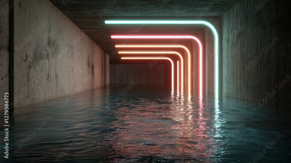 Poster a 3d rendering of a curved tunnel with glowing led lights on the ceiling and a puddle reflection on 