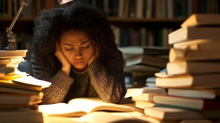 Focused student studying late in library, overwhelmed by books, seeking knowledge, educational resource