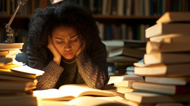 Focused student studying late in library, overwhelmed by books, seeking knowledge, educational resource