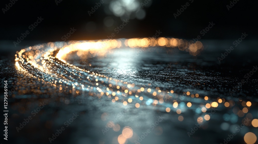 Poster a 3d rendering featuring a curved blue light path with a bokeh blur effect symbolizes the journey to