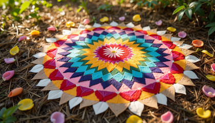 Colorful mandala on garden ground celebrating spring equinox, artistic representation