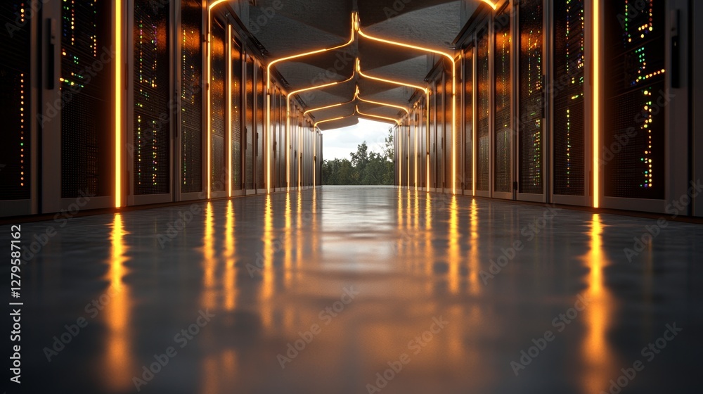 Wall mural digital information is transmitted via fiber optic cables throughout the network and data servers lo