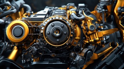 Fototapeta premium Close-up of a Luxurious Gold and Black Engine: A Masterpiece of Automotive Engineering
