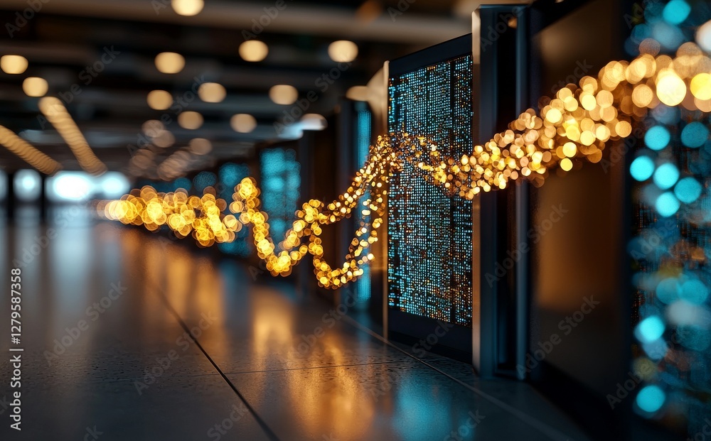 Aufkleber server racks are lined up in a data center server room focused on computer network security, shown i