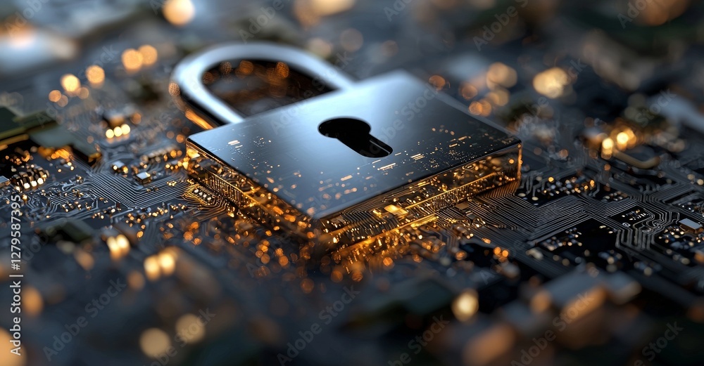 Poster a digital padlock icon is displayed on a virtual interface screen, representing cyber security netwo