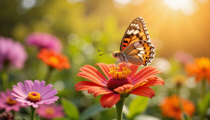 Obraz premium Butterfly resting on vibrant flower in garden, symbol of transformation