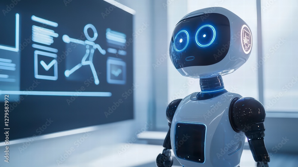 Poster ai assistant: a futuristic robot stands before a large interactive screen, displaying a human figure