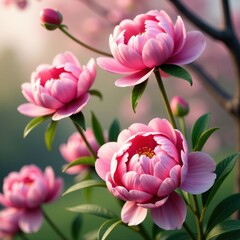 Obraz premium Soft petals of pink peony flowers on tree branches, blossom, garden