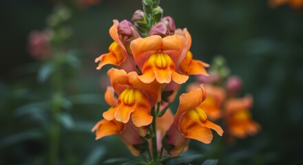 Close-up portrait of vibrant orange Snapdragon flowers in a garden setting
