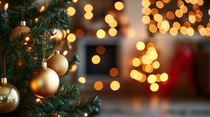 Obraz premium Festively decorated Christmas tree adorned with golden ornaments, glowing lights in cozy living room