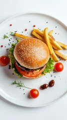 A well-presented burger sits on lettuce with tomatoes alongside crispy fries and cherry tomatoes