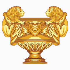 Antique golden vase adorned with two majestic lion sculptures. This highly detailed design features elegant drapery and intricate acanthus leaf motifs, inspired by classical European and Baroque art. © Fadoua