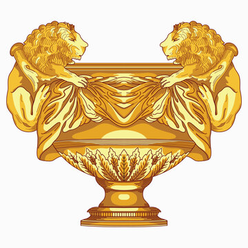 Antique golden vase adorned with two majestic lion sculptures. This highly detailed design features elegant drapery and intricate acanthus leaf motifs, inspired by classical European and Baroque art.