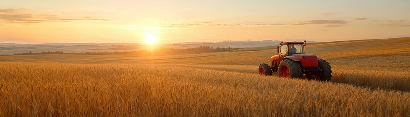 Obraz premium Tranquil Sunset Over Wheat Field with Red Tractor Harvesting Golden Crops in Rural Landscape