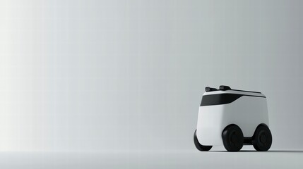 Delivery Robot on the Move: A futuristic delivery robot, with sleek design and compact size, poised on a seamless backdrop, embodying the cutting-edge of automated logistics and smart technology.