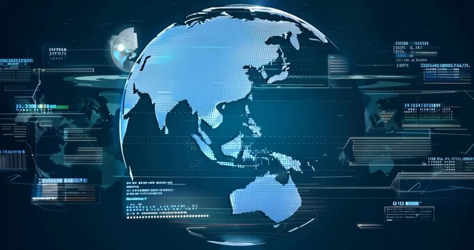 Futuristic digital globe with data streams and AI-powered cyber network connections
