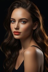 Fototapeta premium a close up of a woman with long hair and a black top