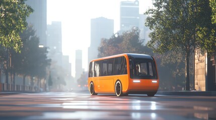 Obraz premium Autonomous Urban Transit: A sleek, futuristic autonomous bus glides down a city street, reflecting the modern cityscape.