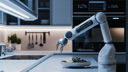 Robotic Chef: A futuristic robotic arm delicately places a culinary creation on a plate in a modern kitchen, showcasing technological advancement in food preparation. 